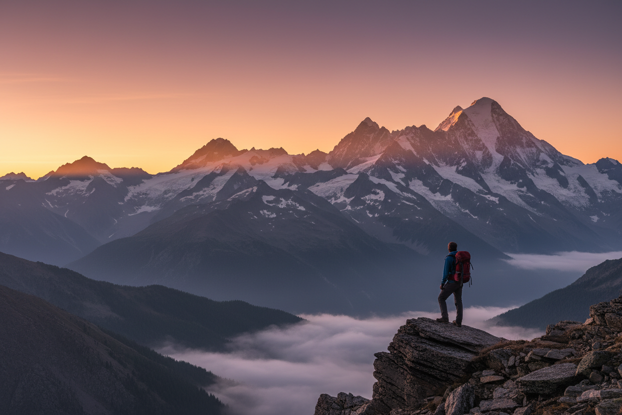 Mountains, dawn, adventure